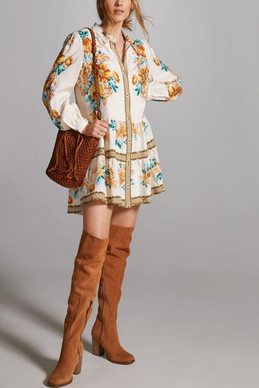 By Anthopologie Mini Shirt Dress Ivory Floral Panel Print Boho Women's XS